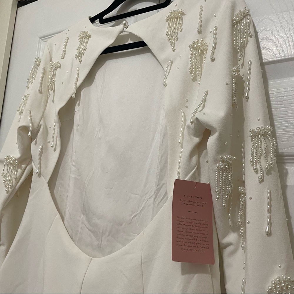 BHLDN White Long Sleeve Dress with Beaded Pearl Accents - Picture 6 of 8